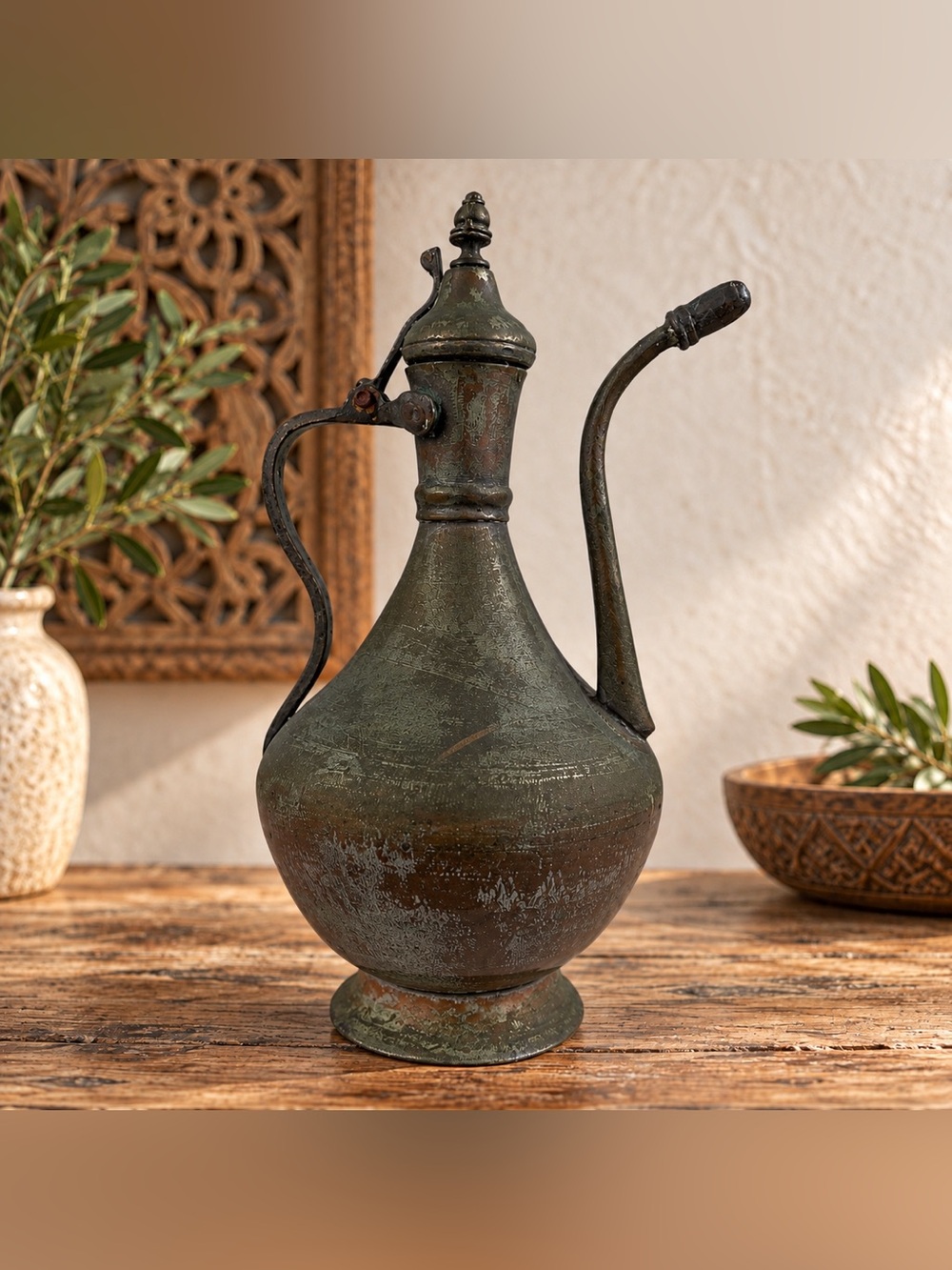 Antique Middle Eastern Copper Brass Dallah Coffee Pot 15.5” Handcrafted